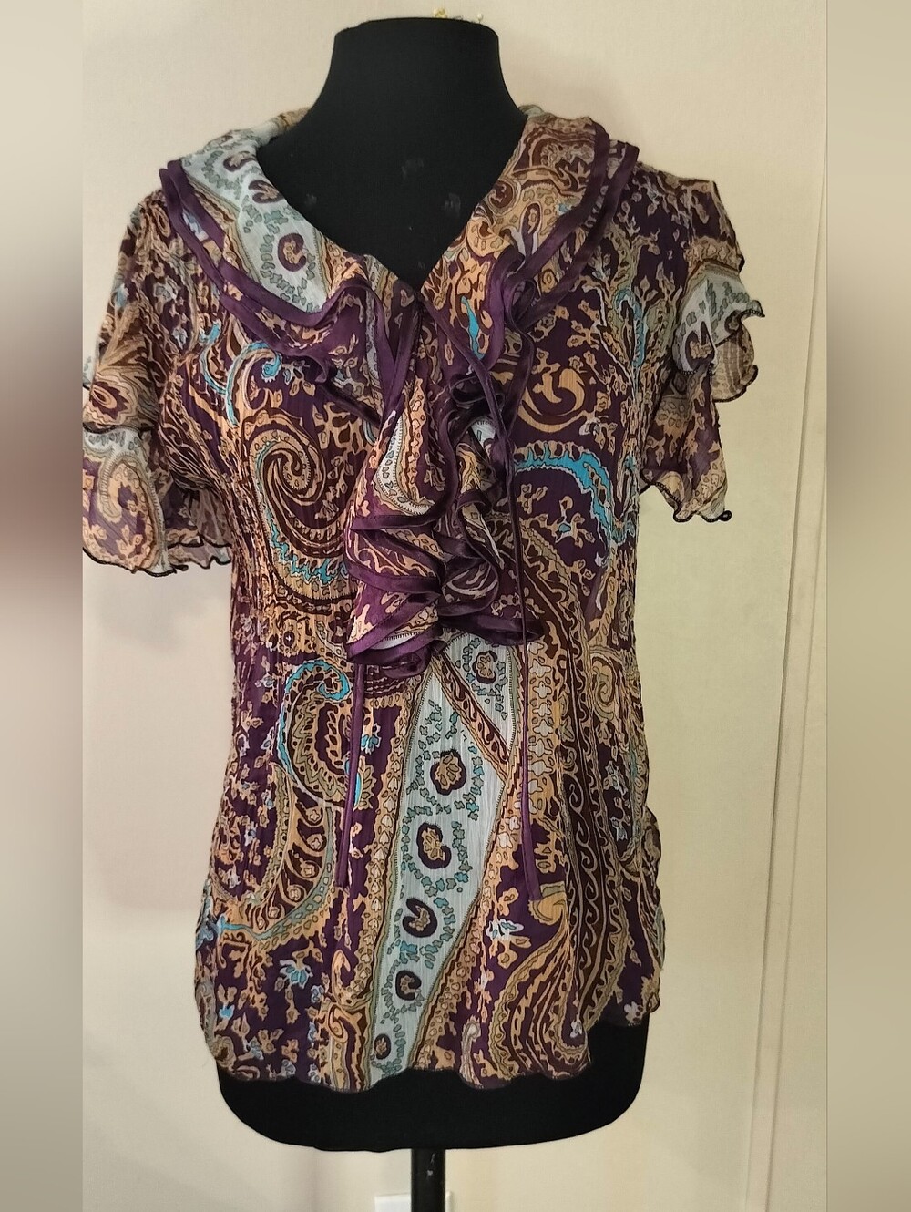 Purple Paisley Ruffle Tie-Front Blouse